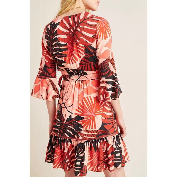 Farm Rio NWOT Bruxelles Dress Ruffles Wrapped Mini Orange Brown Size Medium - Picture 2 of 12